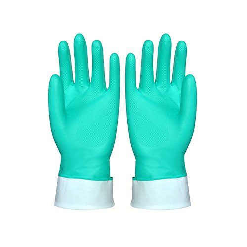 Green color flocklined chemical resistant glove