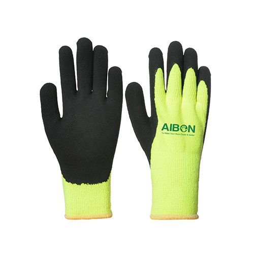10 gauge hivis yellow terry brushed acrylic liner with blak foam latex coated glove, full thumb