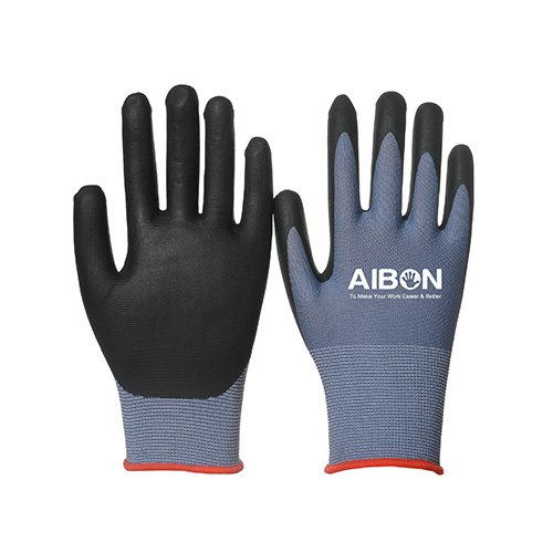 13 guade blue polyester liner with black ultr-thin foam nitrile coated glove