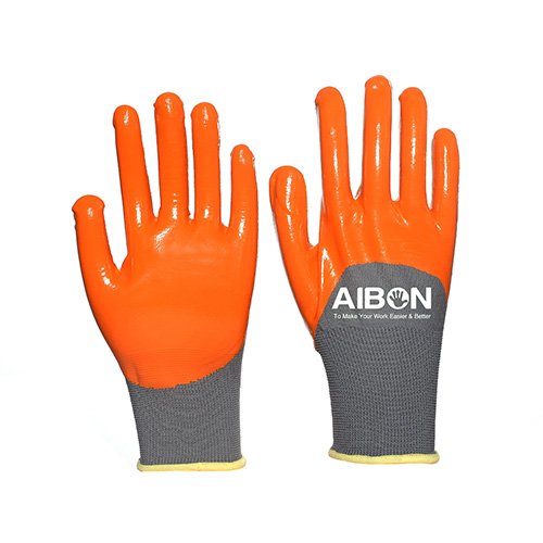 13 guade brown polyester line with orange nitrile coated glove, full thumb