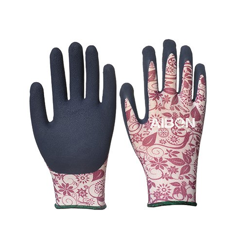 13 guage violet print polyester liner with navy blue foam latex coated glove